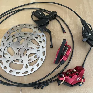 2 Piston Red Ebike Hydraulic Disc Brake Kit Ebike Power Cut Off Brake Level Bicycle Dual Disc Oil Brakes