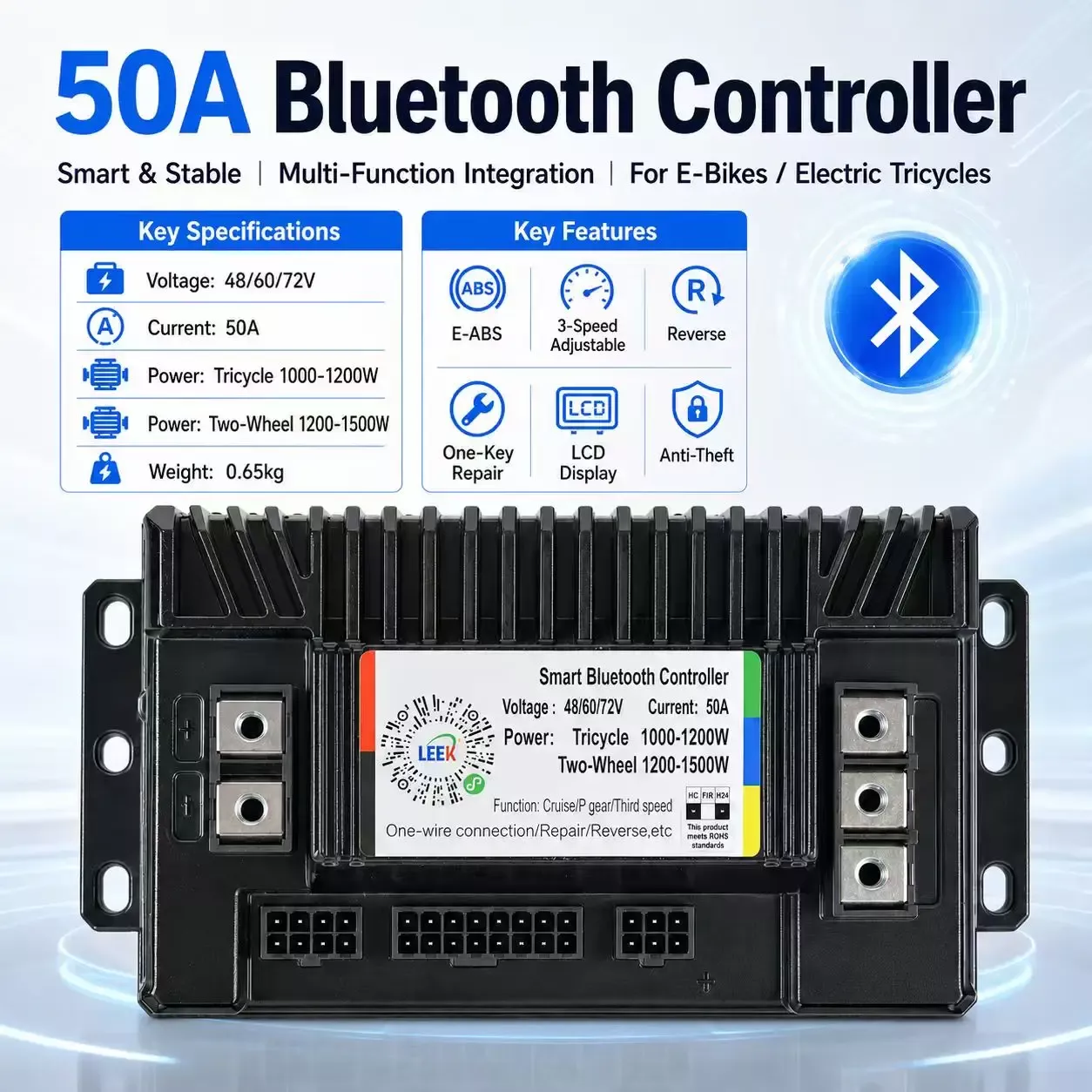 50A Bluetooth Electric Bike Controller 48V/60V/72V E-bike Brushless Motor Controller E-ABS Reverse Speed Control Anti-theft 50A Bluetooth Electric Bike Controller 48V/60V/72V E-bike Brushless Motor Controller E-ABS Reverse Speed Control Anti-theft