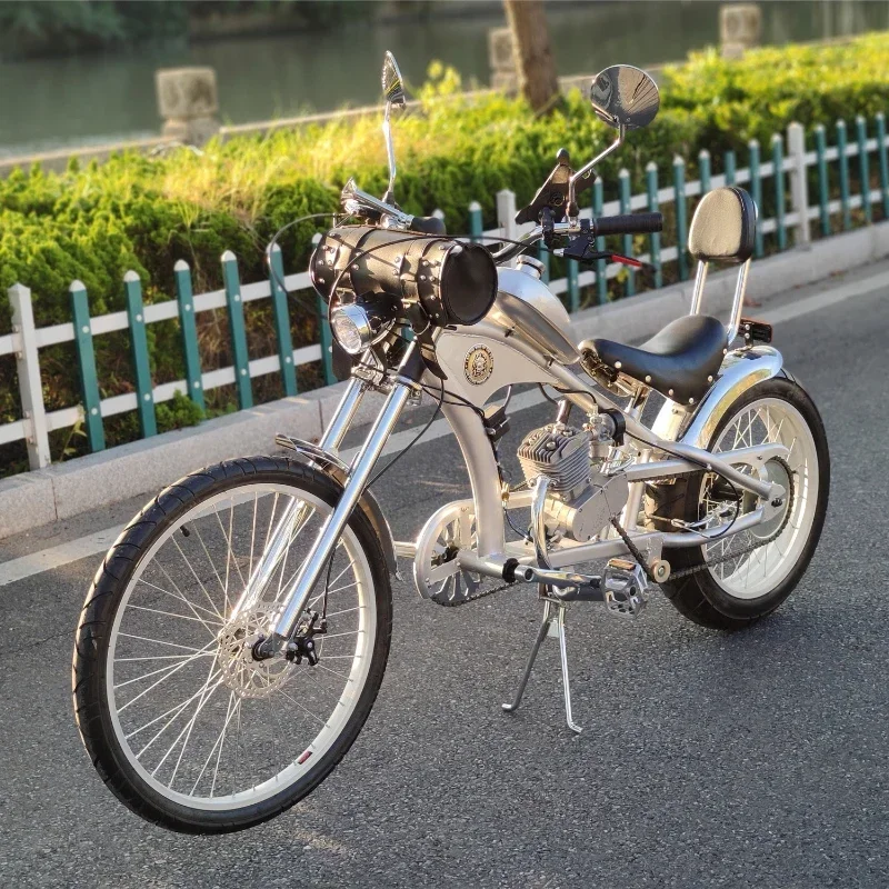 Stylish Silver Motorized Bicycle By The Road